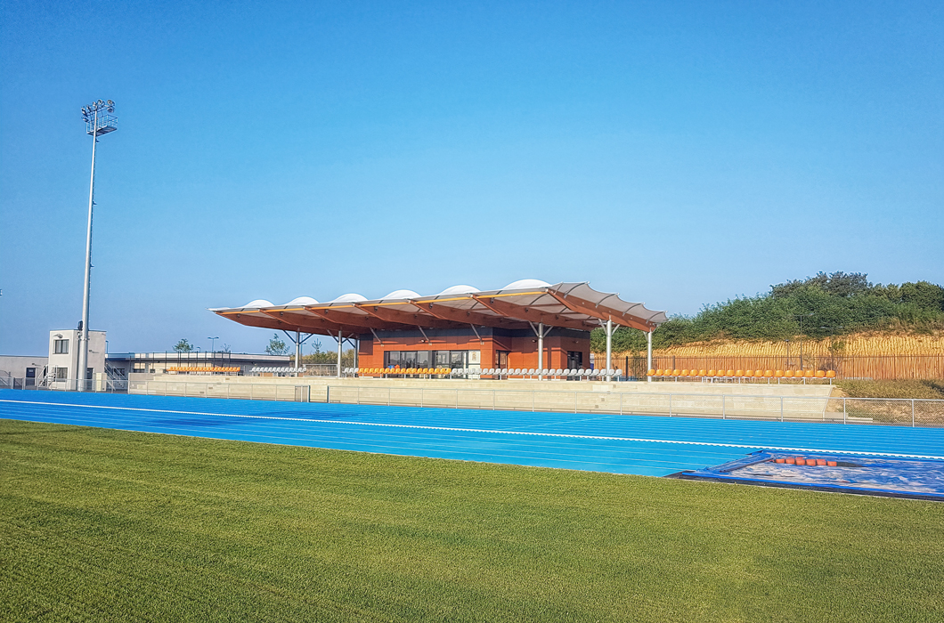 GRANDSTAND TENSILE FABRIC STRUCTURE WOODEN CONSTRUCTION TEXTILE ARCHITECTURE