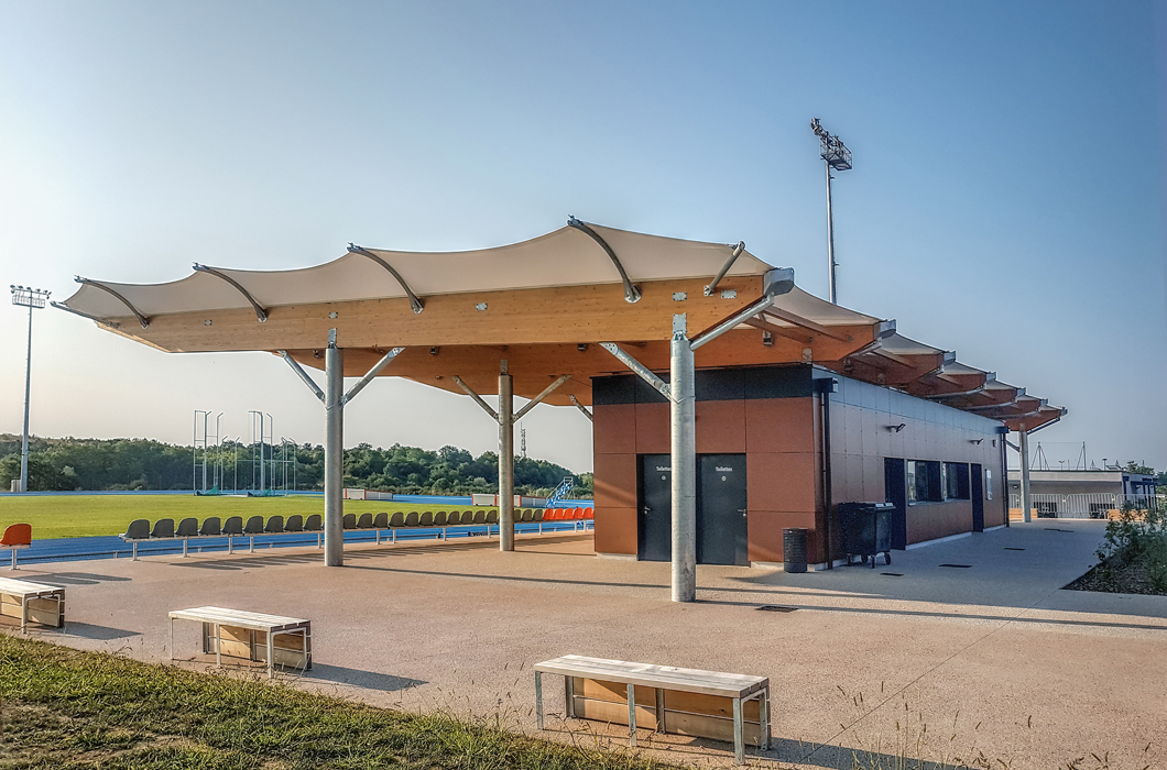 GRANDSTAND TENSILE FABRIC STRUCTURE WOODEN CONSTRUCTION TEXTILE ARCHITECTURE